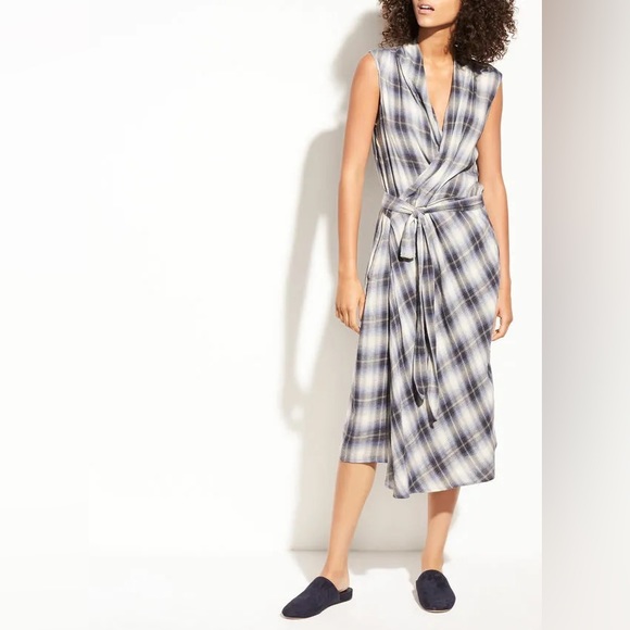 Vince Shadow Plaid Wrap Dress in Twilight - Picture 4 of 8